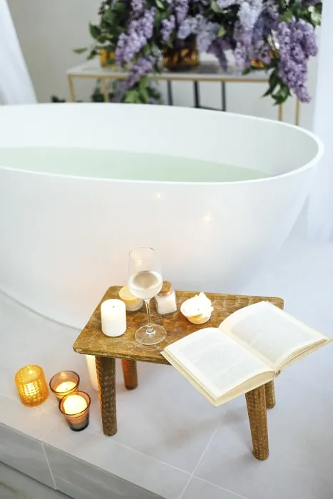 Framed Print : Modern bath room and spa center on the white tub wooden table Framed Print : Modern bath room and spa center on the white tub wooden table