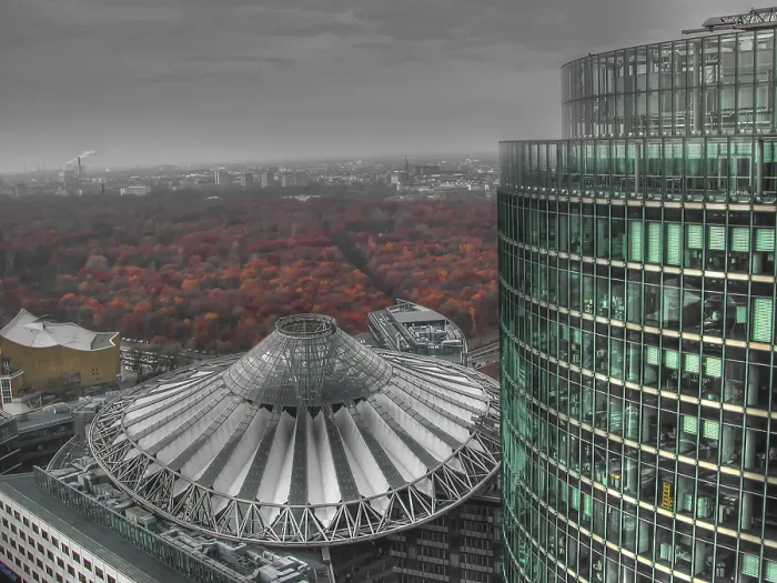 Framed Print : Modern Building in Potsdamer platz with Autumn Forest and Panoramic View in City of Berlin in Germany