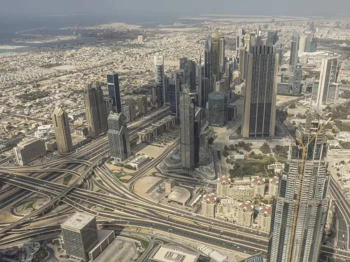 Framed Print : Modern city view with skyscrapers and complex highway network in urban surroundings