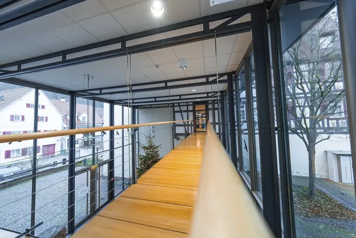 Framed Print : Modern glass overpass with wooden walkway