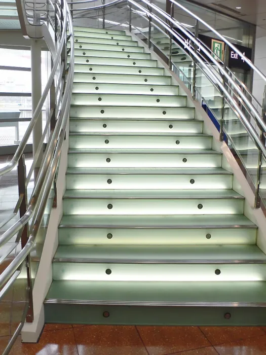 Framed Print : Modern stained and matted glass stairs with metallic hand-rails