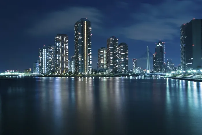 Framed Print : Modern Tsukuda district of Tokyo at night over waters of Sumida River Framed Print : Modern Tsukuda district of Tokyo at night over waters of Sumida River