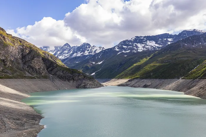 Framed Print : Moiry reservoir with low water