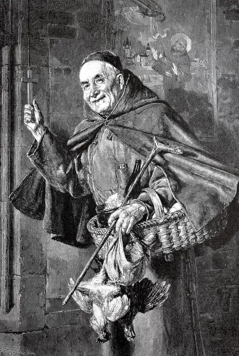 Framed Print : Monastery, monk returning from the market with a shopping basket and chickens Framed Print : Monastery, monk returning from the market with a shopping basket and chickens