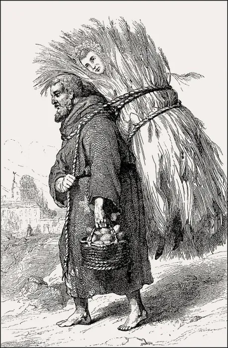 Framed Print : Monastery provisions, caricature depicting a monk fetching supplies