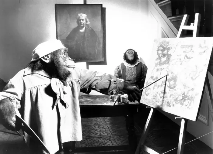 Framed Print : Monkey painting picture, England, Great Britain