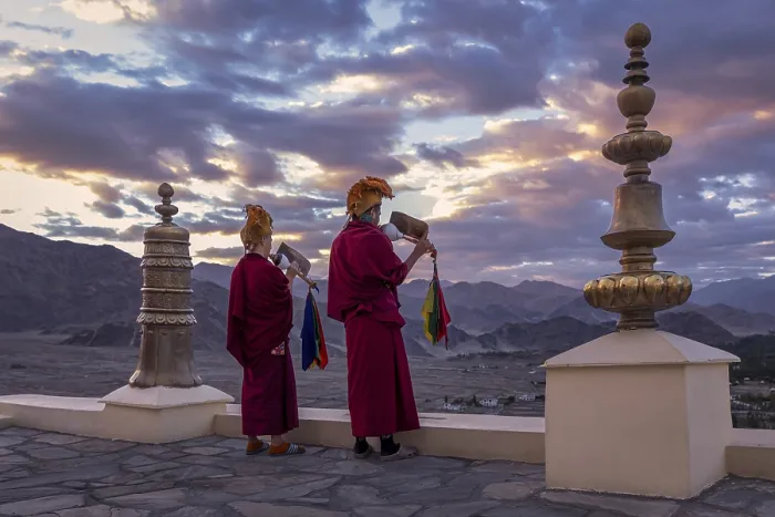 Framed Print : Monks blowing conches at Spituk Monastery (Gompa)