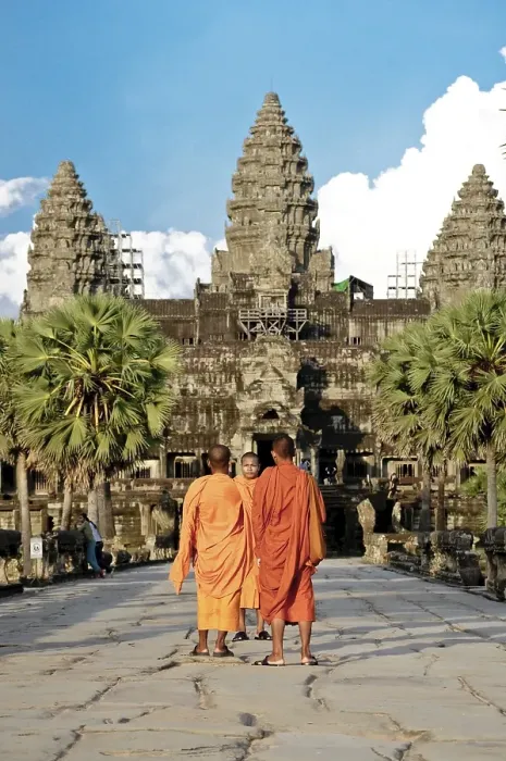 Framed Print : Monks wearing orange robes, Angkor Wat complex