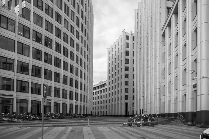 Framed Print : Monochrome image of modern architectural buildings in an empty urban space