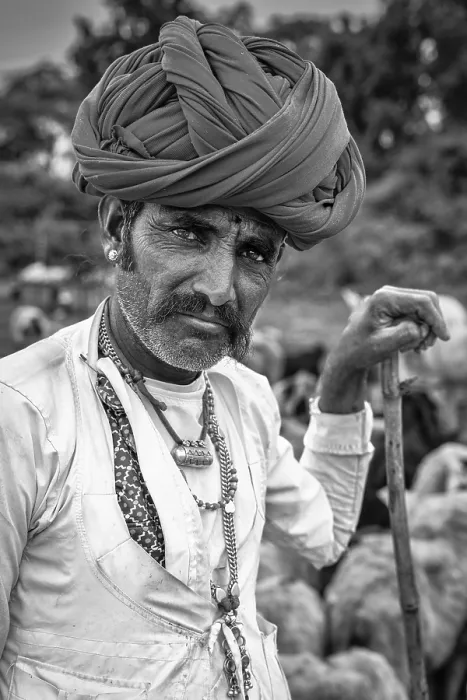 Framed Print : Monochrome portrait of a man from the Rabari community