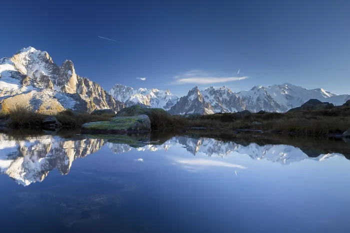 Framed Print : Mont Blanc massif reflected in the Lac des Chesery