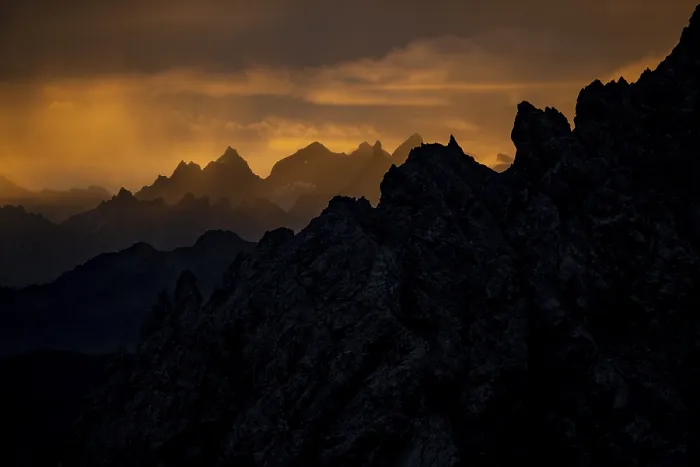 Framed Print : Montafon mountains with dramatic cloudy sky at sunrise Framed Print : Montafon mountains with dramatic cloudy sky at sunrise