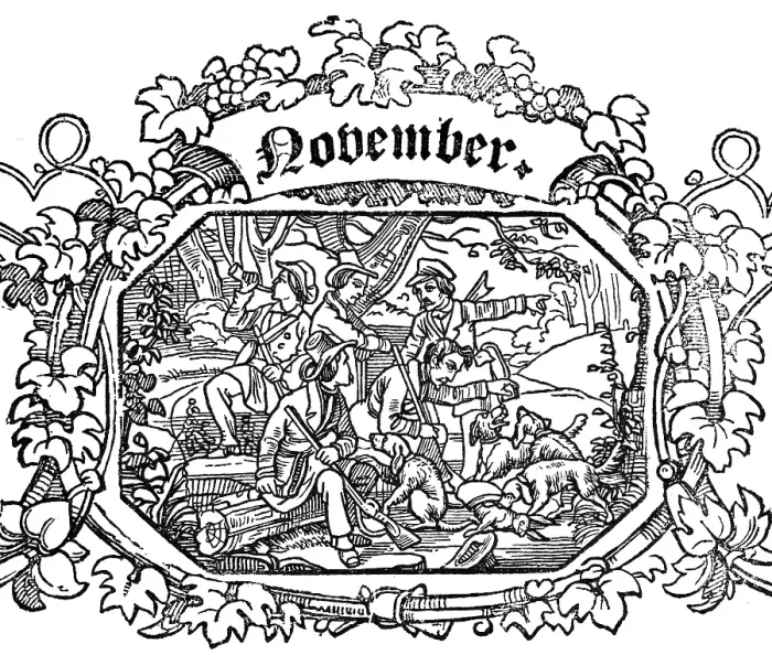 Framed Print : Month of November, Hunters blow for the hunt, Guns, Hunting dogs, Forest, Inscription, Grapevine ornamentation, Woodcut illustration, Swiss calendar for 1848
