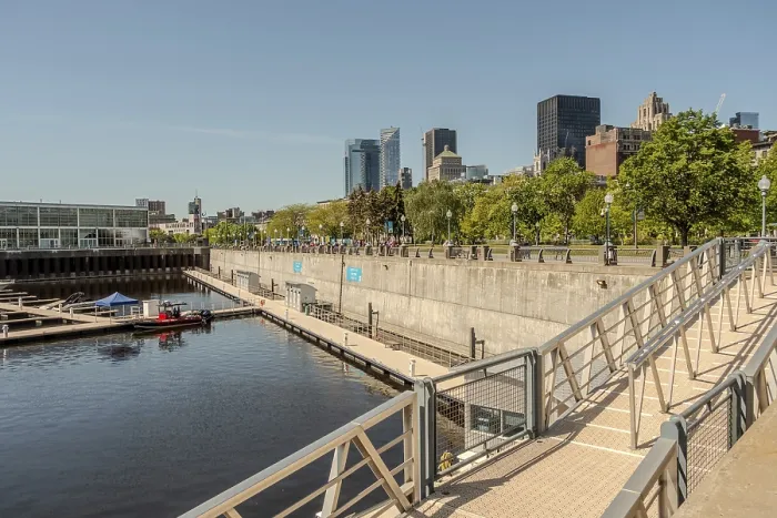 Framed Print : Montreal city skyline panorama over river in the day with urban buildings