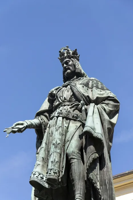 Framed Print : Monumental neo-Gothic statue of Emperor Charles IV from 1844 holding a sword and university charters Framed Print : Monumental neo-Gothic statue of Emperor Charles IV from 1844 holding a sword and university charters