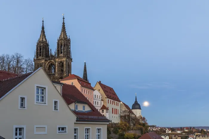 Framed Print : Full moon on Burgberg and over the old town at blue hour in Meissen Framed Print : Full moon on Burgberg and over the old town at blue hour in Meissen