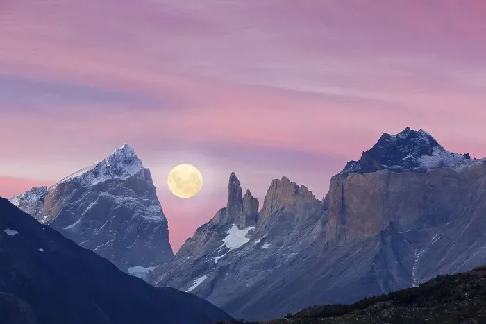 Framed Print : Full moon over the mountains, Torres del Paine National Park
