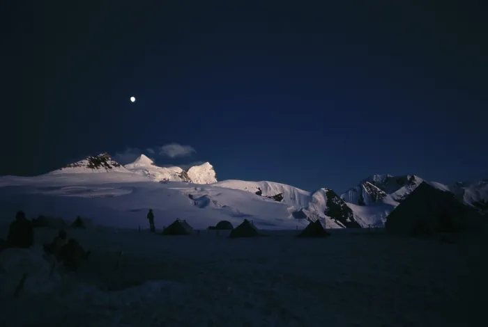 Framed Print : Moon over snow covered peak, campsite, himalaya