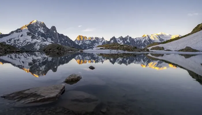 Framed Print : Morning atmosphere at sunrise, water reflection in Lac Blanc