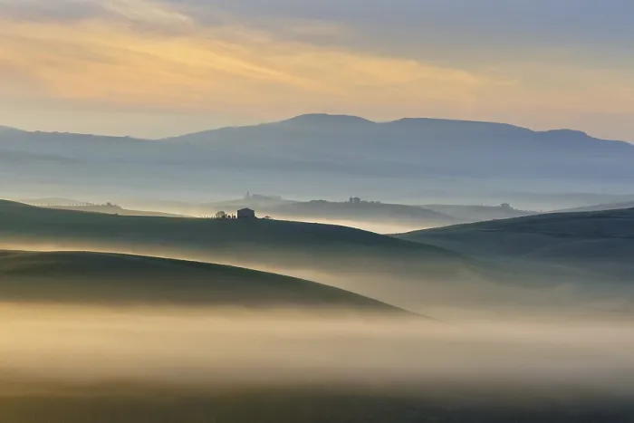 Framed Print : Morning atmosphere in Tuscany, hilly landscape with fog at sunrise Framed Print : Morning atmosphere in Tuscany, hilly landscape with fog at sunrise