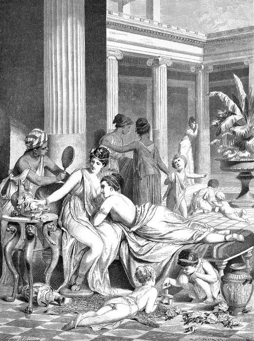 Framed Print : Morning scene in an ancient Greek women's peristyle