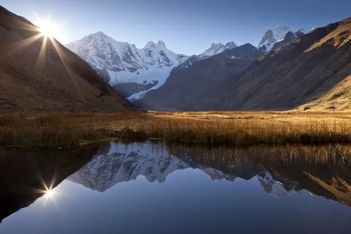 Framed Print : The morning sun and mountain peaks being reflected in lake Laguna Jahuacocha