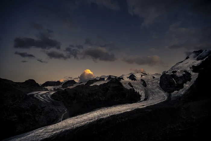 Framed Print : Morteratsch glacier in Bernina group with dramatic clouds