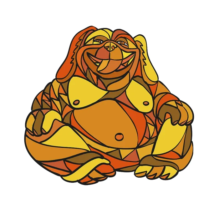 Framed Print : Mosaic low polygon style illustration of a laughing Buddha dog sitting viewed from front on isolated white background