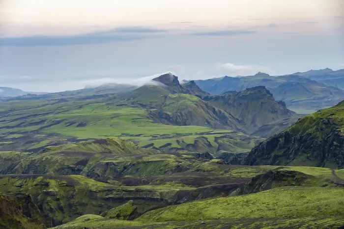 Framed Print : Moss-covered volcanic mountain landscape