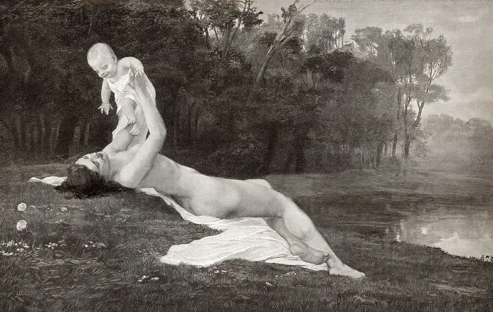Framed Print : Mother with baby, after Lebiedzki, ca