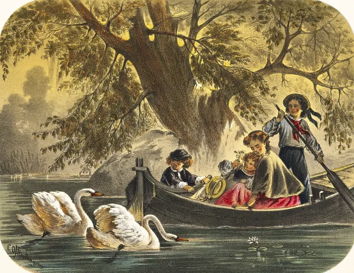 Framed Print : Mother with her two children on a boat trip across a lake