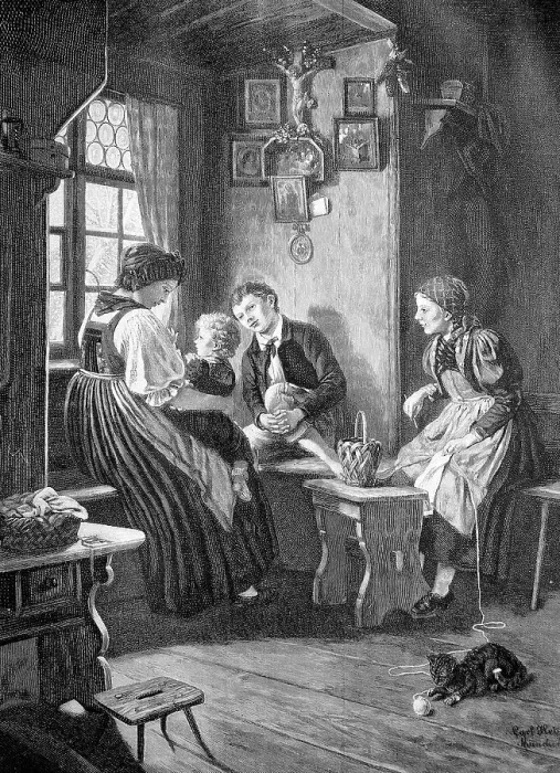 Framed Print : Mother and three children sitting in the parlour watching the first snowfall Framed Print : Mother and three children sitting in the parlour watching the first snowfall