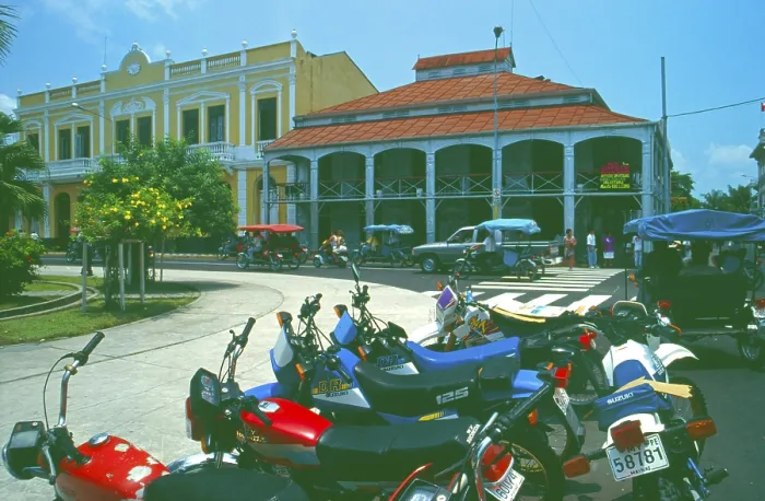 Framed Print : Motorbikes, iron house built by Gustav Eiffel in the center of Iquitos on the Amazon