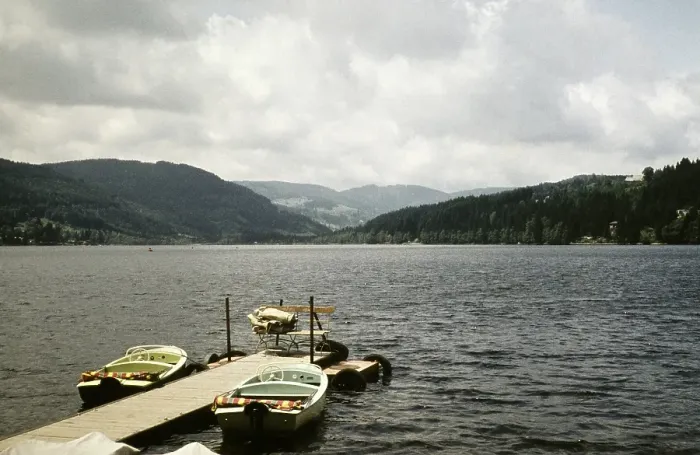 Framed Print : Motorboat at the jetty on Lake Titisee, Titisee Neustadt, Germany, July 1959, Europe