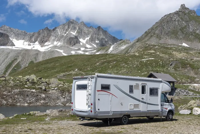 Framed Print : Motorhome in alpine landscape near Nufenen Pass Framed Print : Motorhome in alpine landscape near Nufenen Pass