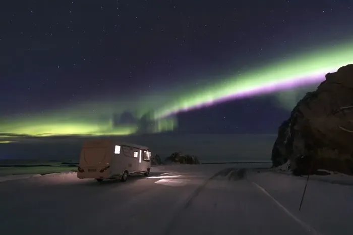 Framed Print : Motorhome and Northern Lights (Aurora borealis) in winter Framed Print : Motorhome and Northern Lights (Aurora borealis) in winter