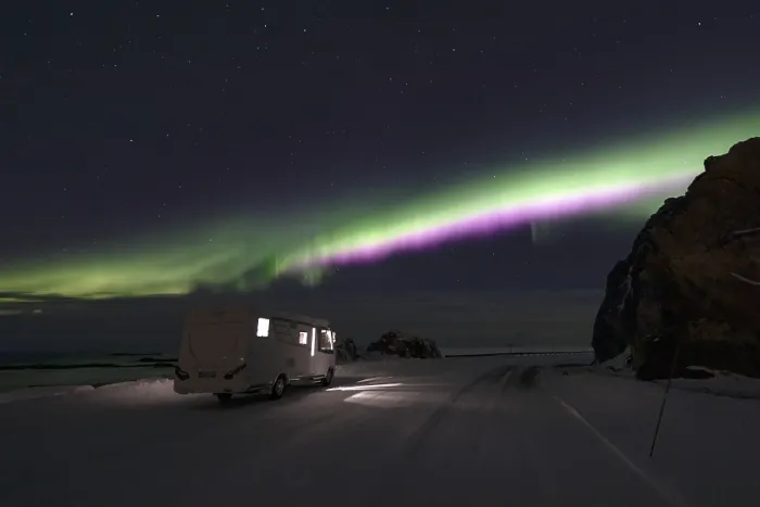 Framed Print : Motorhome and Northern Lights (Aurora borealis) in winter
