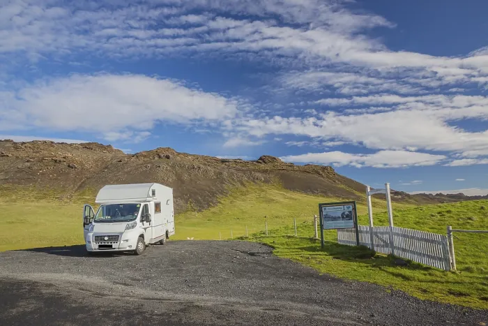 Framed Print : Motorhome on the parking lot at Krysuvik church