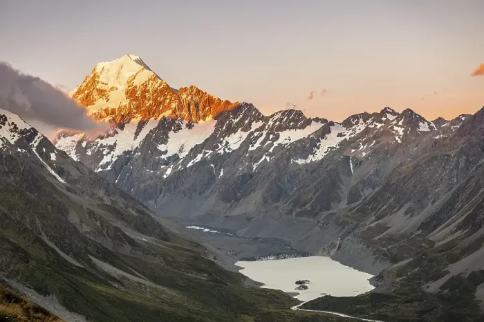 Framed Print : Mount Cook at sunset, view into Hooker Valley with Hooker Lake