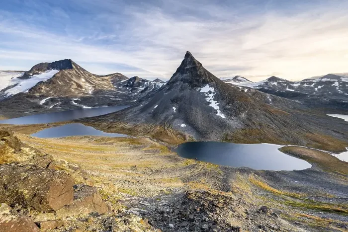 Framed Print : Mount Kyrkja with mountain landscape and lakes Framed Print : Mount Kyrkja with mountain landscape and lakes