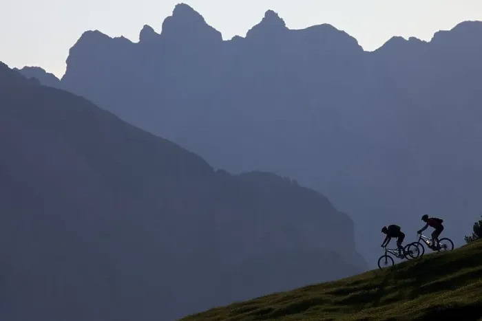Framed Print : Mountain bike riders, Fodara Vedla basin