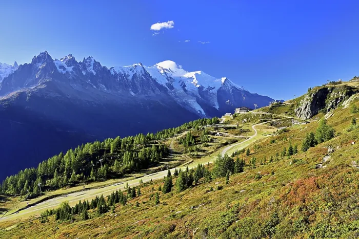 Framed Print : Mountain forest in an autumnal landscape with the snow-covered Mont Blanc massif in the background