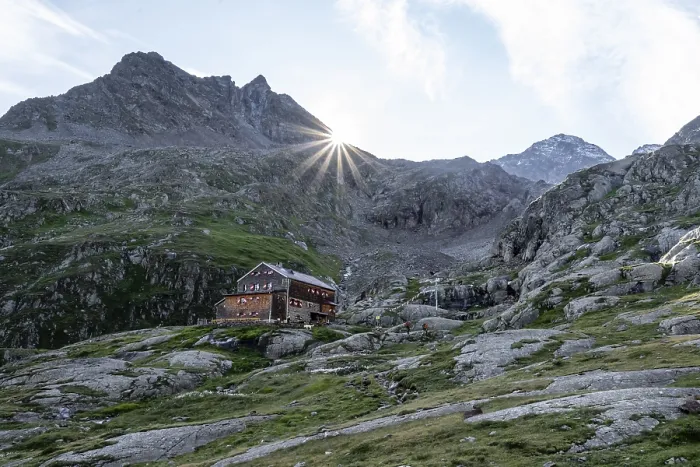 Framed Print : Mountain hut Elberfelderhutte in front of a rocky mountain landscape