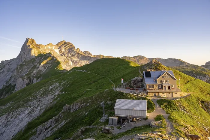 Framed Print : Mountain hut on the Rotstein Pass with a view of the Lisengrat and the summit of the Santis Framed Print : Mountain hut on the Rotstein Pass with a view of the Lisengrat and the summit of the Santis