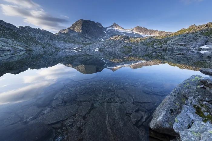 Framed Print : Mountain lake with impressive reflection of the mountains and clouds in the water Framed Print : Mountain lake with impressive reflection of the mountains and clouds in the water