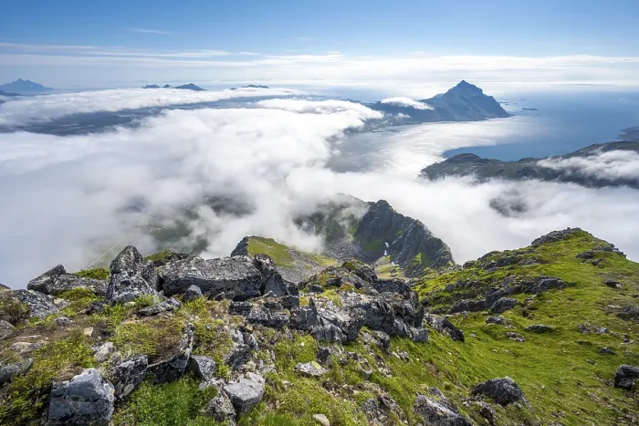 Framed Print : Mountain landscape in clouds, view from the top of Stornappstinden