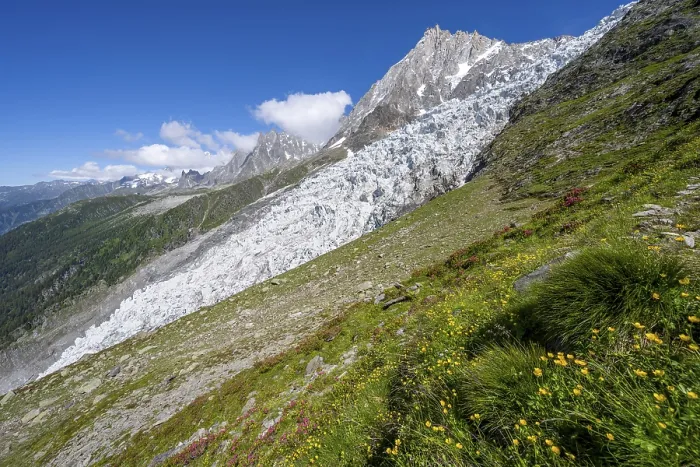 Framed Print : Mountain landscape with glacier Glacier des Bossons and summit of the Aiguille du Midi