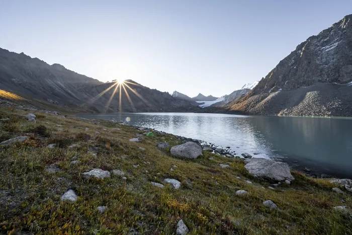 Framed Print : Mountain landscape with glacier tongue at Ala Kul mountain lake