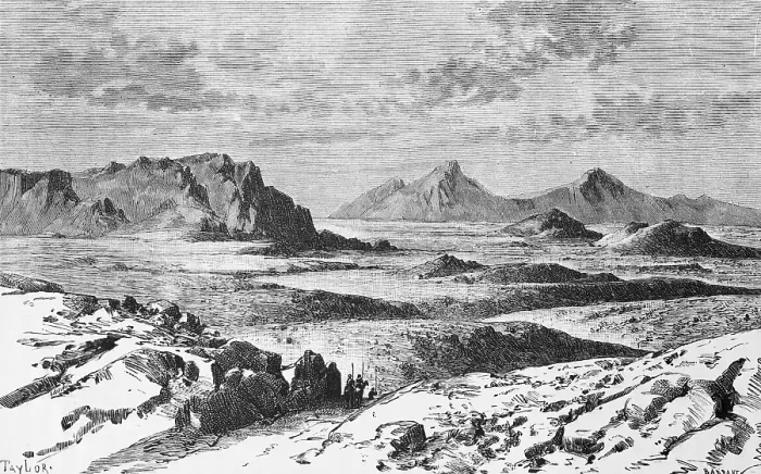 Framed Print : Mountain landscape of the Gobi Desert, arid region in Central Asia, natural area, wasteland, aridity, lack of water, sparse vegetation, travelling in Asia, Mongolia, China, historical illustration 1887, Asia