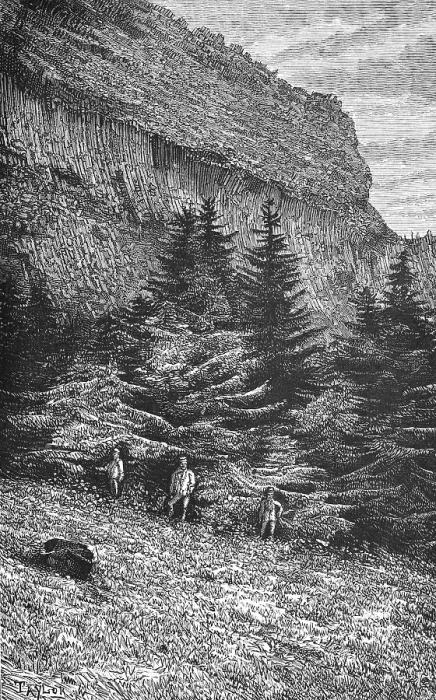 Framed Print : Mountain landscape in the Hungarian Carpathians, steep slope, fir trees, three men, geography, Hungary, historical illustration 1888, Europe Framed Print : Mountain landscape in the Hungarian Carpathians, steep slope, fir trees, three men, geography, Hungary, historical illustration 1888, Europe